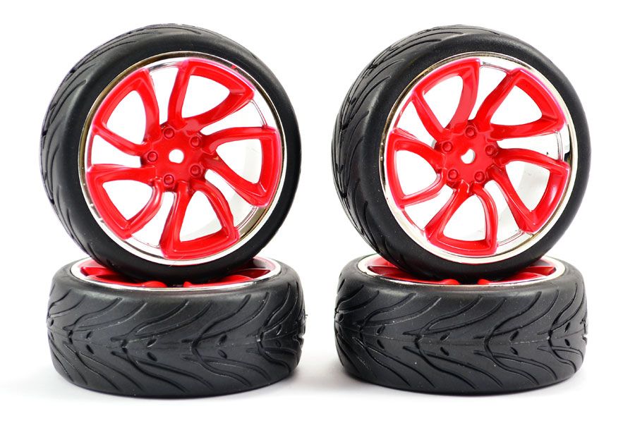 Fastrax 1:10 Street Wheel / Thread Tyres TRI-5 Red/Chrome (FAST0088RC)