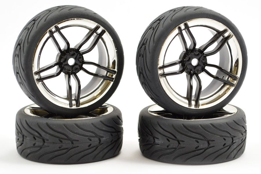 Fastrax 1:10 Street Wheel / Thread Tyres 10-Spoke Black/Chrome (FAST0096BC)