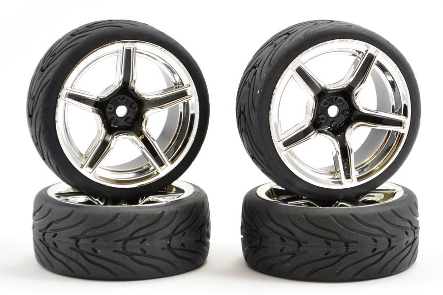 Fastrax 1:10 Street Wheel &amp; Thread Tyres 5 Spoke Black/Chrome (FAST0095BC)