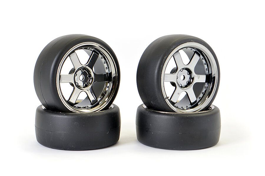 Fastrax 1:10 Drift D1 Tyre 3mm Off Set 6 Spoke Wheel Black Chrome (FAST1350BC-D13)
