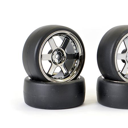 Fastrax 1:10 Drift D1 Tyre 3mm Off Set 6 Spoke Wheel Black Chrome (FAST1350BC-D13)