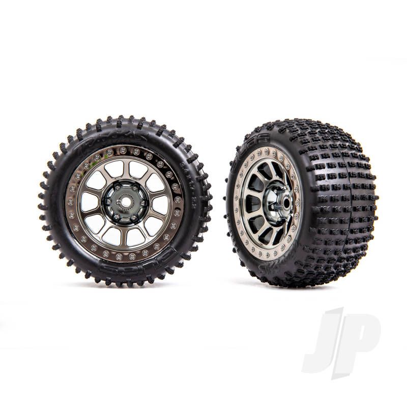 Traxxas Tyres &amp; Wheels, Assembled (2.2&#039; Black Chrome Wheels, Alias 2.2&#039; Tyres) (2) (Bandit Rear, Medium Compound With Foam Inserts) (TRX2470T)