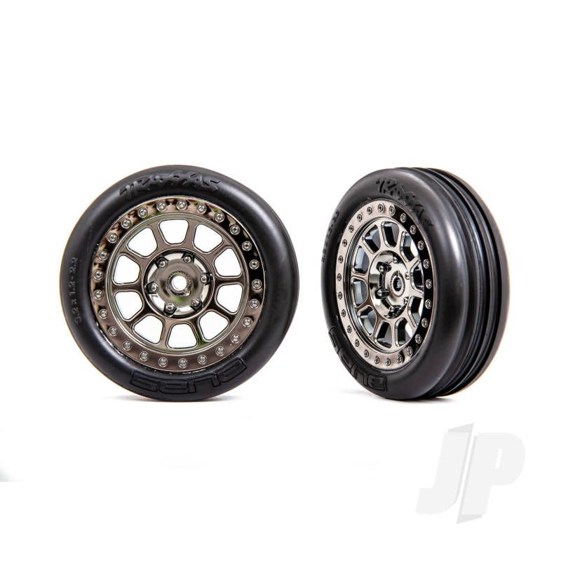 Traxxas Tyres &amp; Wheels, Assembled (2.2&#039; Black Chrome Wheels, Alias Ribbed 2.2&#039; Tyres) (2) (Bandit Front, Medium Compound W/ Foam Inserts) (TRX2471T)