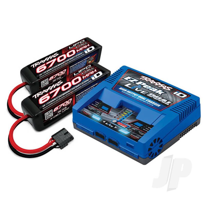 Traxxas Id Completer Pack With 1X Ez-Peak Live Dual Charger &amp; 2X Lipo 4S 6700Mah Battery (TRX2997T)