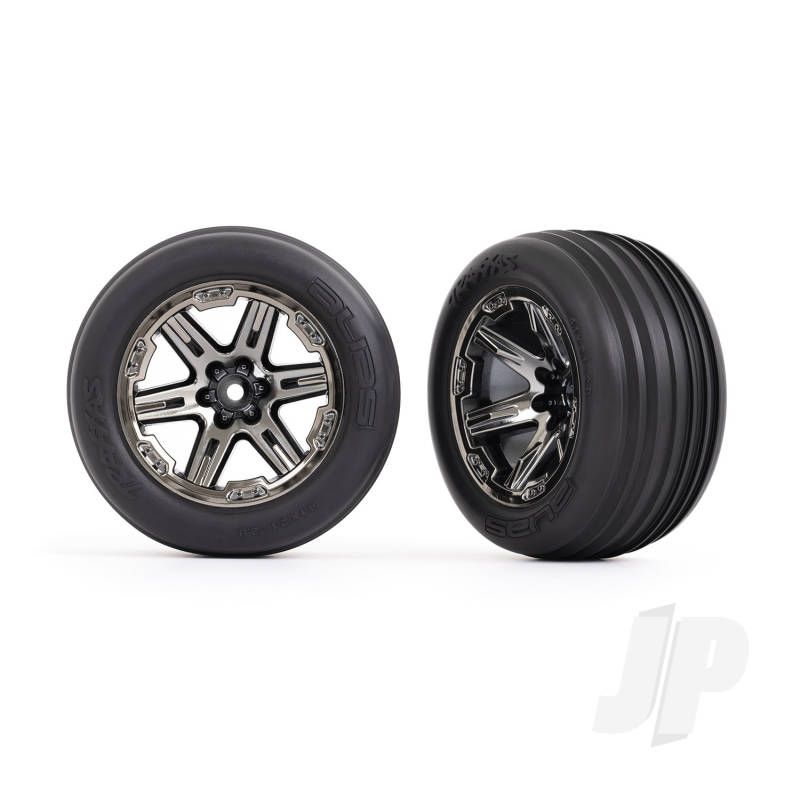 Traxxas Tyres &amp; Wheels, Assembled, Glued (2.8&#039;) (Rxt Black Chrome Wheels, Ribbed Tyres, Foam Inserts) (Electric Front) (2) (TRX3771R)