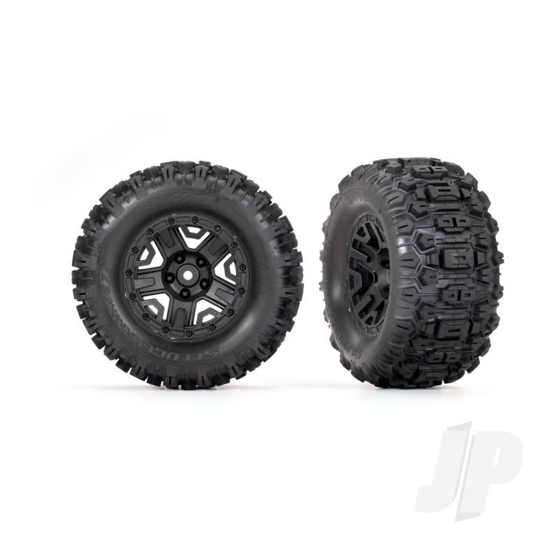 Traxxas Tyres &amp; Wheels, Assembled, Glued (Black 2.8&#039; Wheels, Sledgehammer Tyres, Foam Inserts) (Electric Rear) (2) (Tsm Rated) (TRX3778)