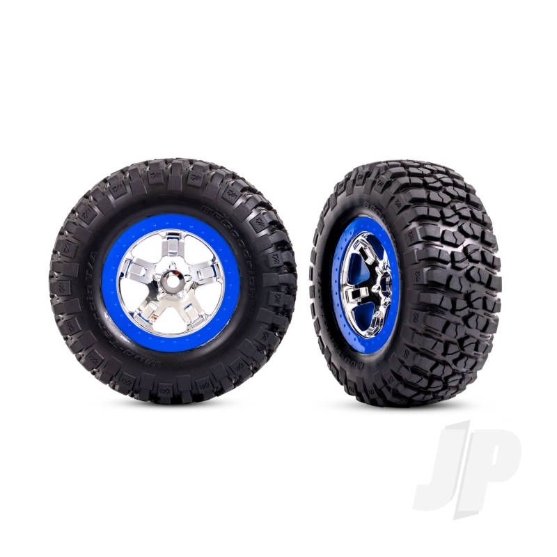 Traxxas Tyres &amp; Wheels, Assembled, Glued (Sct Chrome, Blue Beadlock Style Wheels, Bfgoodrich Mud-Terrain T/A Km2 Tyres, Foam Inserts) (2) (2Wd Front) (TRX5869A)