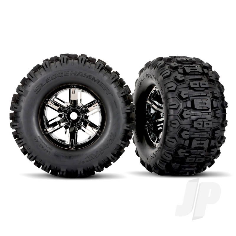 Traxxas Tires &amp; Wheels, Assembled, Glued (X-Maxx Black Chrome Wheels, Sledgehammer Tires, Foam Inserts) (Left &amp; Right) (2) (TRX7774A)