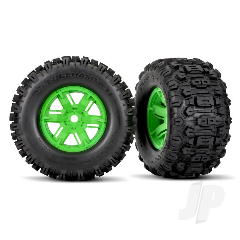 Traxxas Tires &amp; Wheels, Assembled, Glued (X-Maxx Green Wheels, Sledgehammer Tires, Foam Inserts) (Left &amp; Right) (2) (TRX7774G)