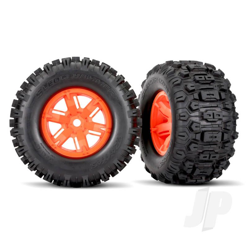 Traxxas Tires &amp; Wheels, Assembled, Glued (X-Maxx Orange Wheels, Sledgehammer Tires, Foam Inserts) (Left &amp; Right) (2) (TRX7774T)