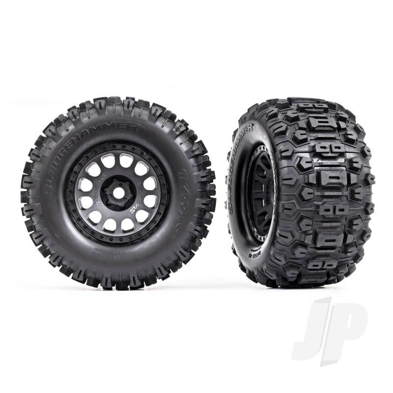 Traxxas Tyres &amp; Wheels, Assembled, Glued (Xrt Race Black Wheels, Sledgehammer Tyres, Foam Inserts) (Left &amp; Right) (TRX7876)