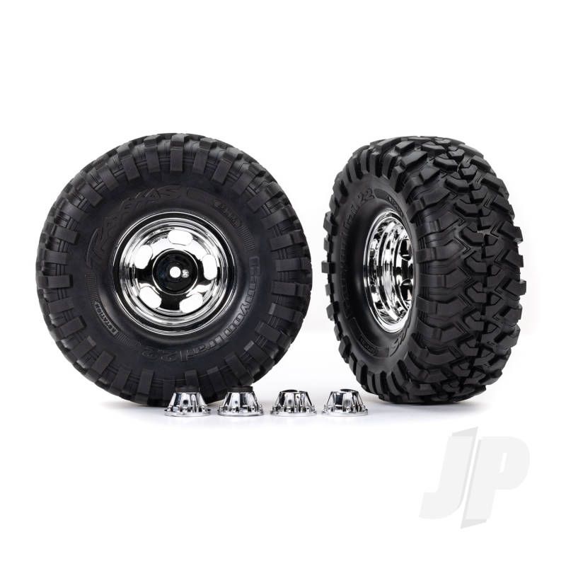 Traxxas Tyres &amp; Wheels, Assembled, Glued (2.2In Chrome Wheels, Canyon Trail 5.3 X 2.2In Tyres) (2)/ Center Caps (2)/ Decal Sheet (Requires #8255A Extended Thread Stub Axle) (TRX8159X)