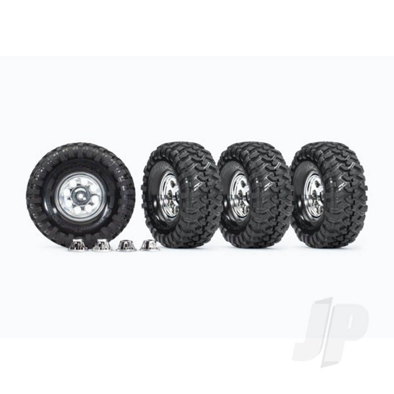 Traxxas Tyres And Wheels, Assembled, Glued (1.9&#039; Classic Chrome Wheels, Canyon Trail 4.6X1.9&#039; Tyres) (4 Pcs)/ Centre Caps (4 Pcs) (Requires #8255A Extended Stub Axle) (TRX8183X)