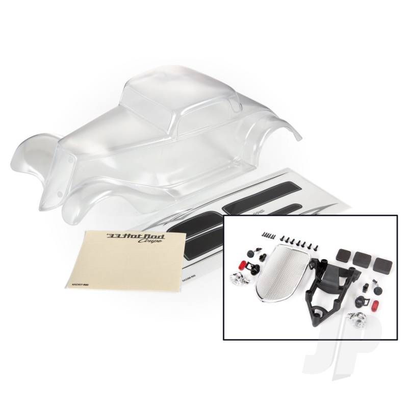 Traxxas Body, Factory Five &#039;33 Hot Rod Coupe (Clear, Requires Painting)/ Foam Pads (Front &amp; Rear)/ Decal Sheet (Includes Front Grille, Side Mirrors, Headlights, Tail Lights, Mounting Hardware) (TRX9333)