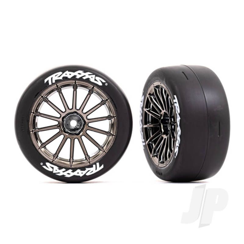 Traxxas Tyres And Wheels, Assembled, Glued (Multi-Spoke Black Chrome Wheels, 2.0&quot; Slick Tyres With Traxxas Logo, Foam Inserts) (Front) (2) (Vxl Rated) (TRX9374R)
