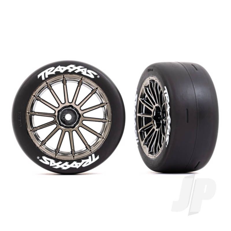 Traxxas Tyres And Wheels, Assembled, Glued (Multi-Spoke Black Chrome Wheels, 2.0&quot; Slick Tyres With Traxxas Logo, Foam Inserts) (Rear) (2) (Vxl Rated) (TRX9375R)