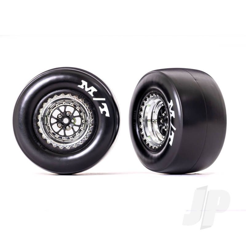 Traxxas Tyres &amp; Wheels, Assembled, Glued (Weld Chrome With Black Wheels, Mickey Thompson Drag Slicks, Sticky Compound, Foam Inserts) (Rear) (2) (TRX9476R)