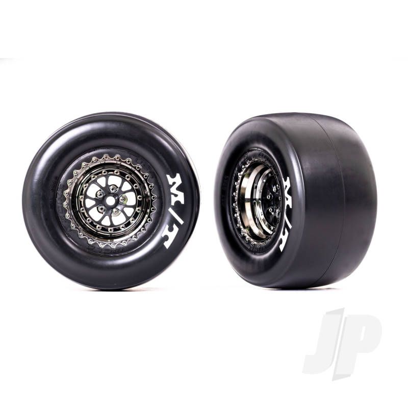 Traxxas Tyres &amp; Wheels, Assembled, Glued (Weld Black Chrome Wheels, Sticky Tyres, Foam Inserts) (Rear) (2) (TRX9476X)