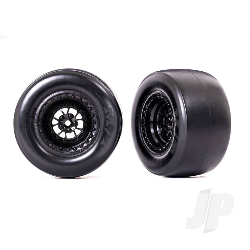 Traxxas Tyres &amp; Wheels, Assembled, Glued (Weld Glossy Black Wheels, Mickey Thompson Et Drag Slicks, Smoke, Foam Inserts) (Rear) (2) (TRX9477)