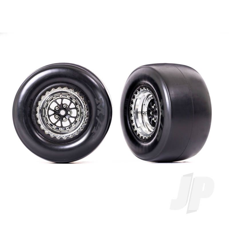 Traxxas Tyres &amp; Wheels, Assembled, Glued (Weld Chrome With Black Wheels, Mickey Thompson Et Drag Slicks, Smoke, Foam Inserts) (Rear) (2) (TRX9477R)