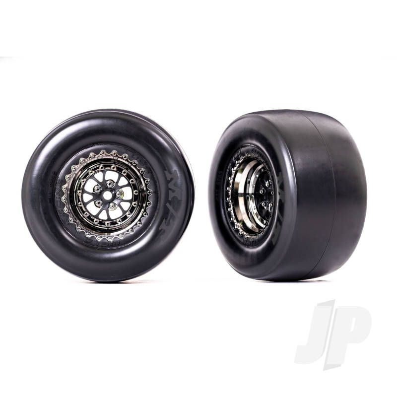 Traxxas Tyres &amp; Wheels, Assembled, Glued (Weld Black Chrome Wheels, Mickey Thompson Et Drag Slicks, Smoke, Foam Inserts) (Rear) (2) (TRX9477X)