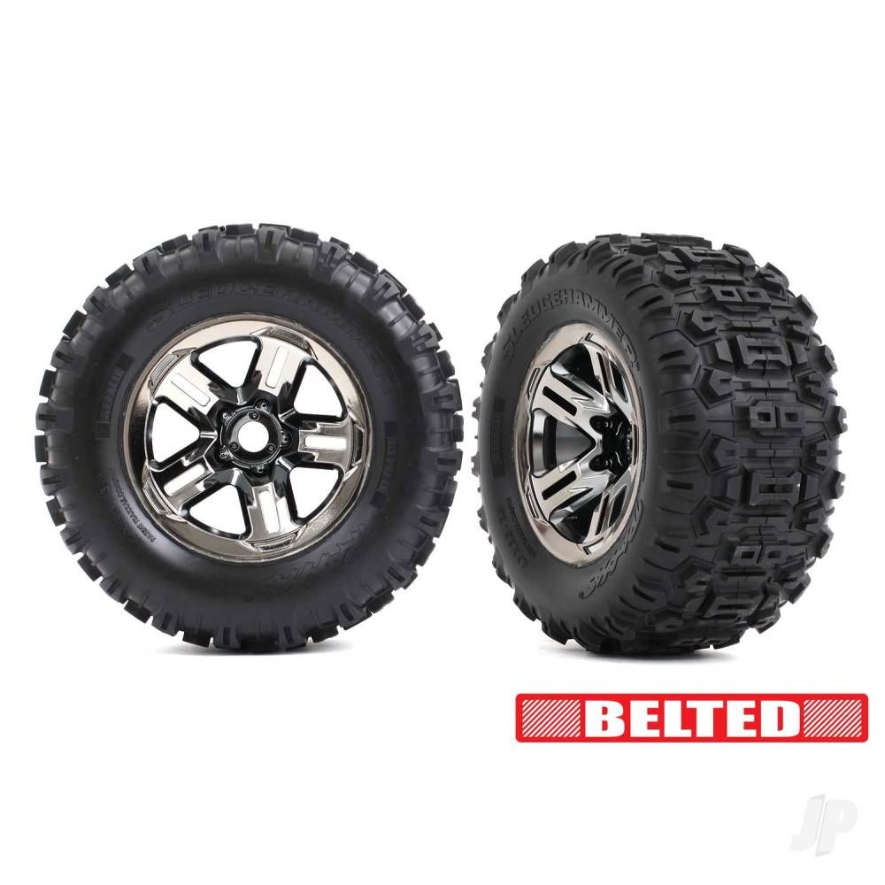 Traxxas Wheels &amp; Tyres, Assembled, Glued (3.8in Black Chrome , Belted Sledgehammer Tyres) (2) (TRX9573A)