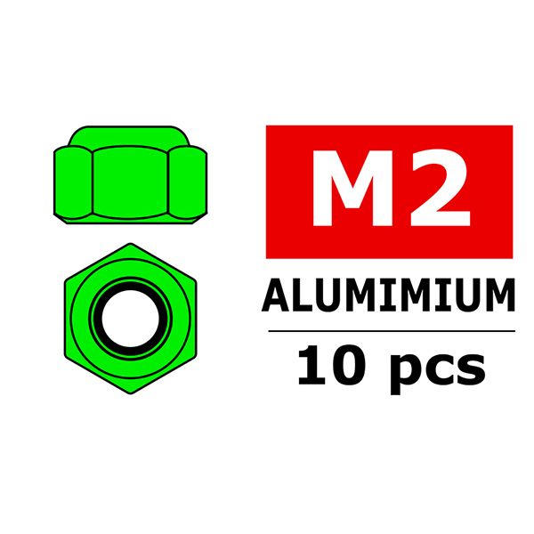 Corally Aluminium Nylstop Nut M2 Green 10 Pcs (C-3106-20-1)