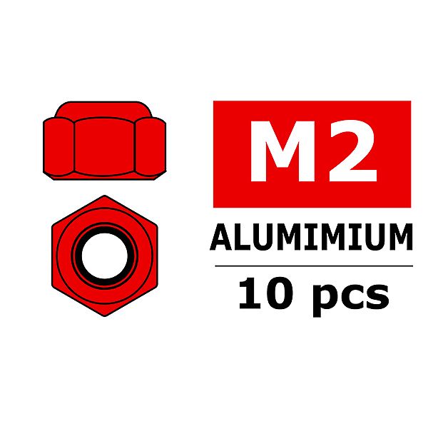 Corally Aluminium Nylstop Nut M2 Red 10 Pcs (C-3106-20-5)