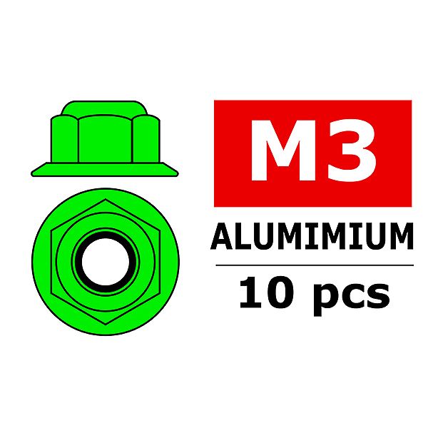 Corally Aluminium Nylstop Nut M3 Flanged Green 10 (C-3107-30-1)