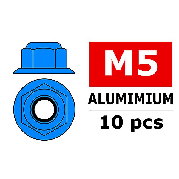 Corally Aluminium Nylstop Nut M5 Flanged Blue 10 P (C-3107-50-4)
