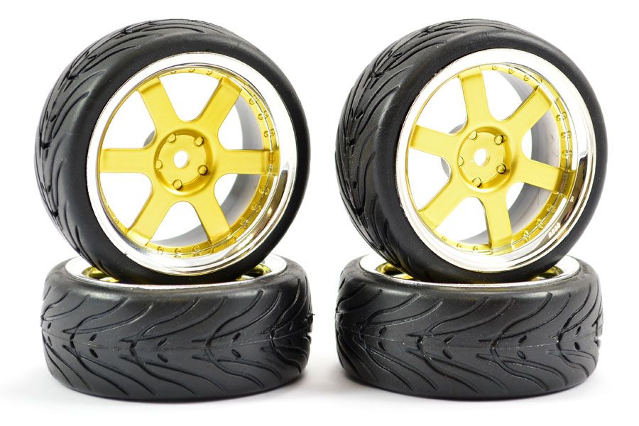 Fastrax 1:10 Street Wheel &amp; Thread Tyres 6 Spoke Gold/Chrome (FAST0087GC)