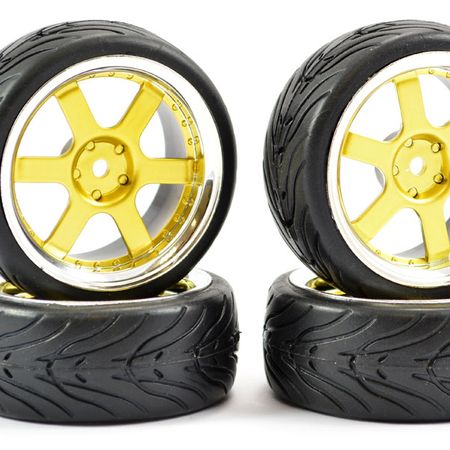 Fastrax 1:10 Street Wheel &amp; Thread Tyres 6 Spoke Gold/Chrome (FAST0087GC)